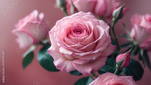 Close-up of lovely pink roses against a soft focus background creating an elegant floral texture for invitations or romantic designs.