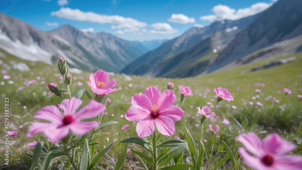 Fototapeta premium Pink Wildflowers in a Mountain Meadow with Lush Greenery and Majestic Mountains Under a Clear Blue Sky Ideal for Nature Themes