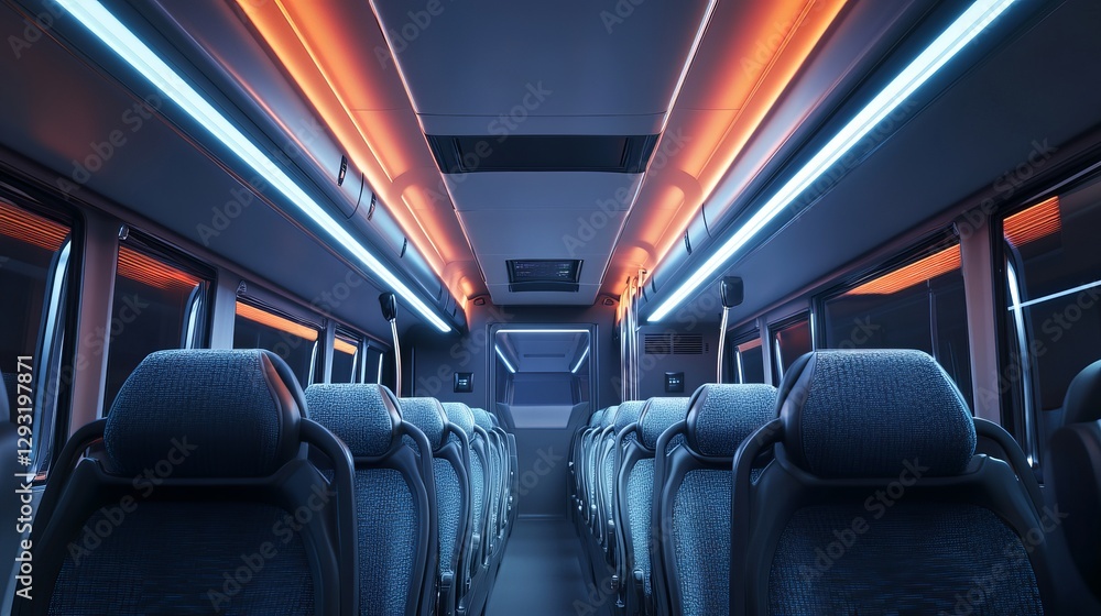 An empty bus interior with unoccupied seats. Public transport designed for passenger travel, featuring an ergonomic layout for comfortable intercity journeys An empty bus interior with unoccupied seats. Public transport designed for passenger travel, featuring an ergonomic layout for comfortable intercity journeys