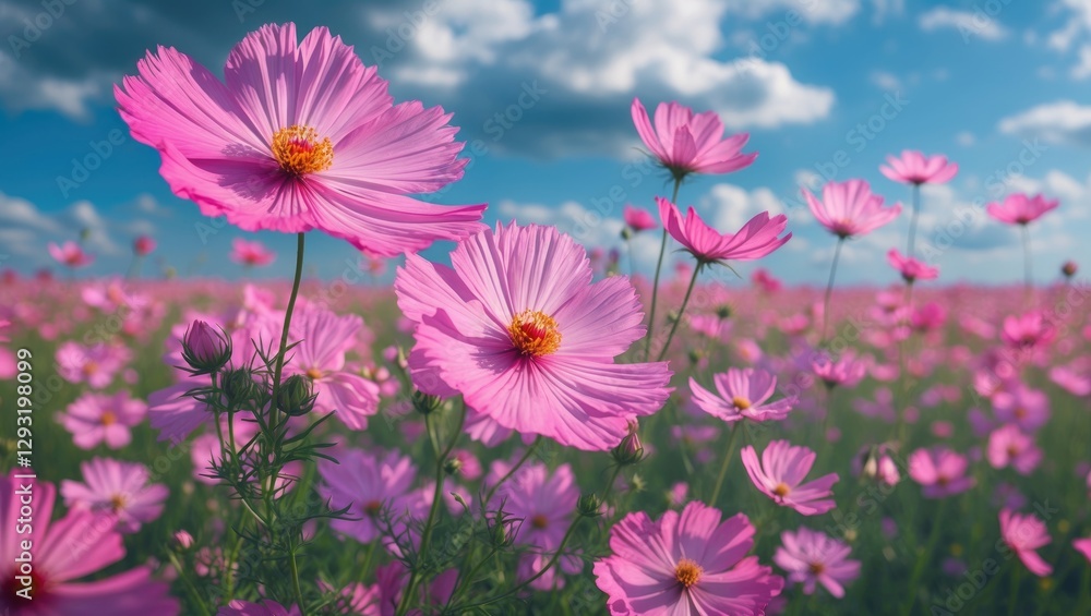 Vibrant pink cosmos flowers in full bloom against a picturesque sky creating a serene and colorful natural landscape. Vibrant pink cosmos flowers in full bloom against a picturesque sky creating a serene and colorful natural landscape.