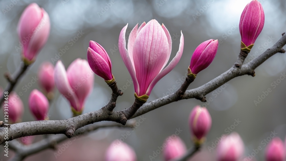 Magnolia branch with blooming pink buds and blossoms against a blurred background showcasing spring elegance and floral beauty Magnolia branch with blooming pink buds and blossoms against a blurred background showcasing spring elegance and floral beauty