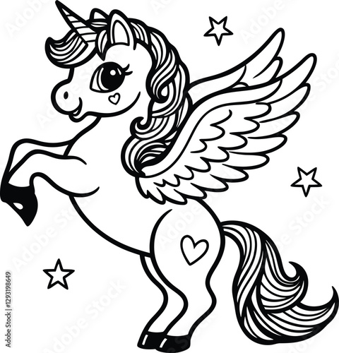 Cute cartoon unicorn Pegasus vector illustration line art silhouette
