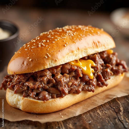 Philly Cheesesteak sandwich with finely chopped beef, melted cheddar cheese, and a creamy white sauce on a shiny, fresh long sandwich bun