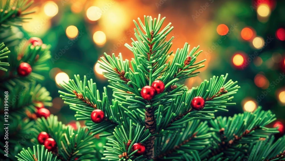 Close-up of pine tree with red berries creating a festive background ideal for Christmas and New Year card designs. Close-up of pine tree with red berries creating a festive background ideal for Christmas and New Year card designs.