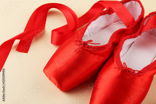 Wallpaper Mural Pair of red pointe shoes on beige background, closeup Torontodigital.ca