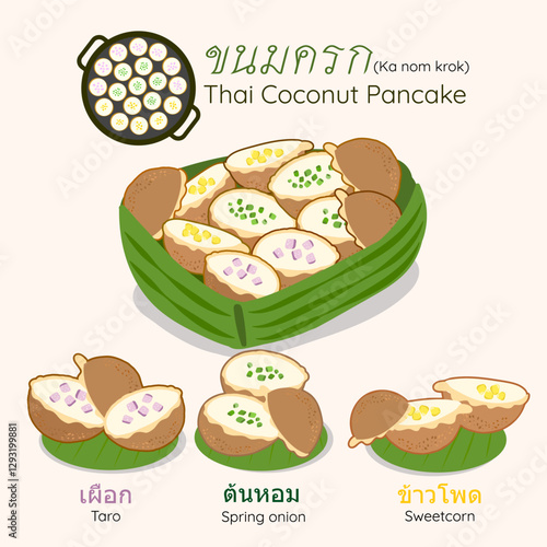 Crispy and creamy Thai coconut pancakes Traditional Thai dessert Kanom Krok, small coconut pancakes cooked on a griddle. Vector, Illustrator, 