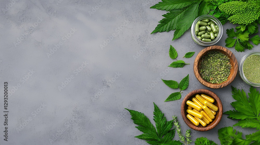 Assortment Of Herbal Supplements On Gray Background Assortment Of Herbal Supplements On Gray Background