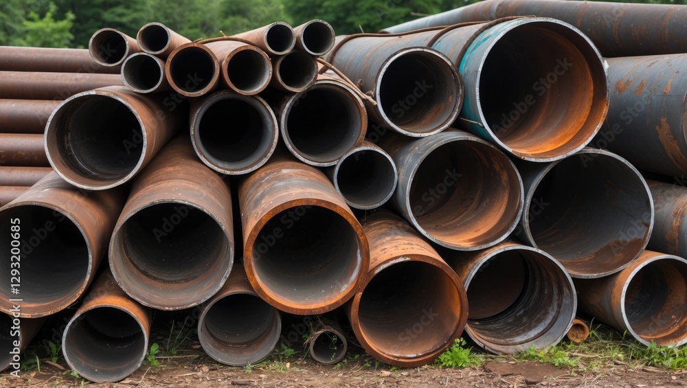 Rusty steel pipes stacked in storage showcasing weathered textures and industrial materials in an outdoor setting. Rusty steel pipes stacked in storage showcasing weathered textures and industrial materials in an outdoor setting.