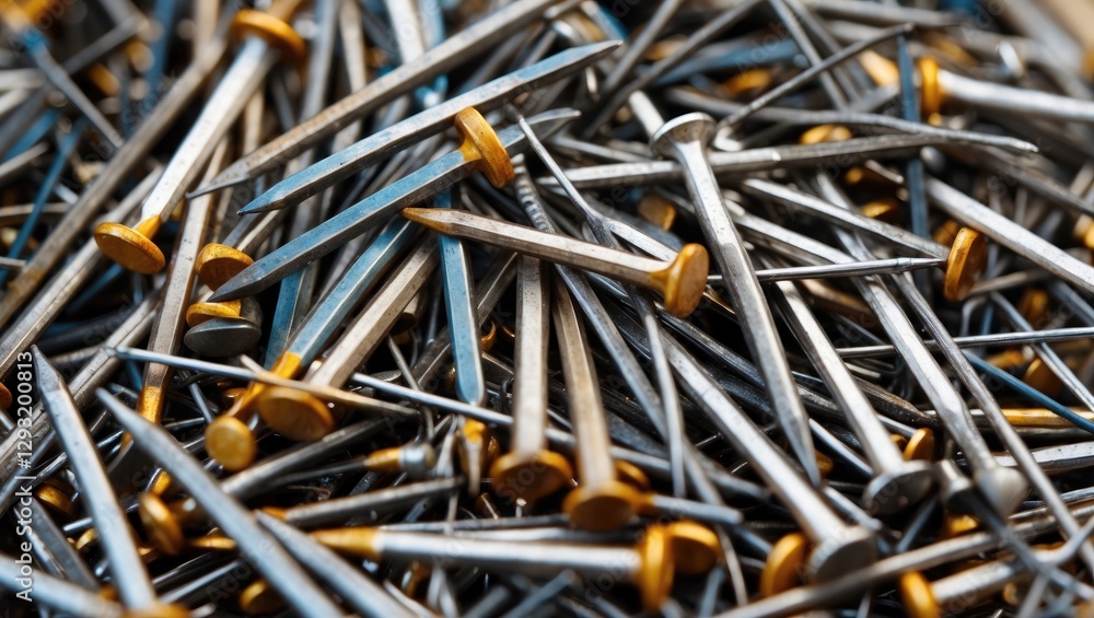Close-up of assorted nails with metallic finishes showcasing various lengths and colors ideal for construction and DIY projects. Close-up of assorted nails with metallic finishes showcasing various lengths and colors ideal for construction and DIY projects.