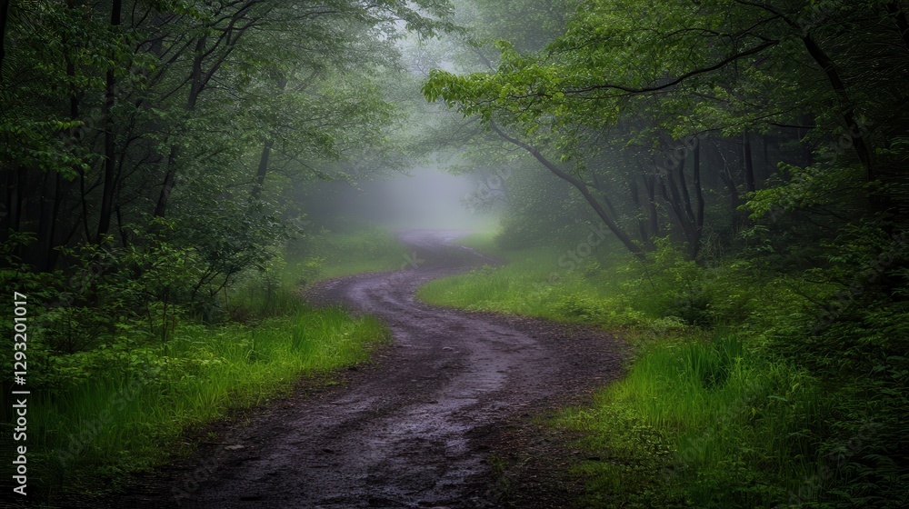 Obraz premium Serene Winding Trail Through Foggy Forest Surrounded by Lush Greenery
