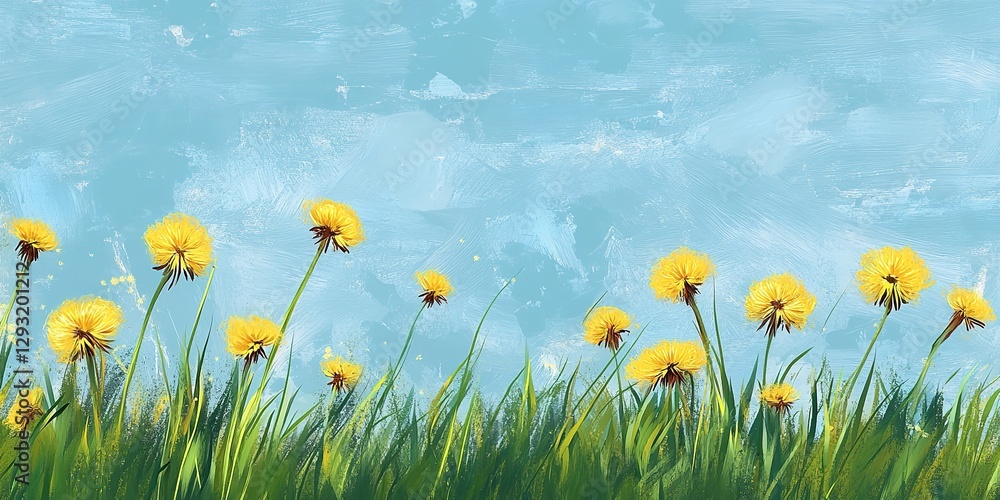 Fototapeta premium A Wide-Open Field Filled with Yellow Wildflowers and Lush Green Grass, Under a Bright Blue Sky with Fluffy White Clouds, Creating a Sunny and Expansive Natural Landscape.