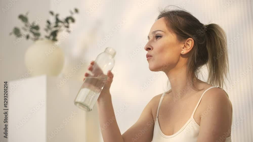 Morning sun, sporty woman drinking water from bottle while sitting on a yoga mat at home after fitness training, health care and water balance. Morning sun, sporty woman drinking water from bottle while sitting on a yoga mat at home after fitness training, health care and water balance.