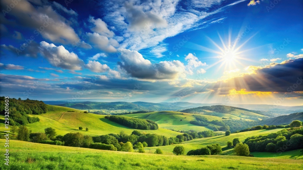 Fototapeta premium A bright blue summer sky with a radiant sun shining down, casting a warm glow over a serene landscape of rolling hills and lush greenery , blue sky, serene environment