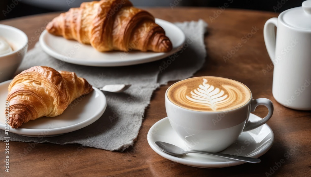 Steaming cup of coffee with a frothy latte art design resting on a table beside a freshly baked croissant Steaming cup of coffee with a frothy latte art design resting on a table beside a freshly baked croissant