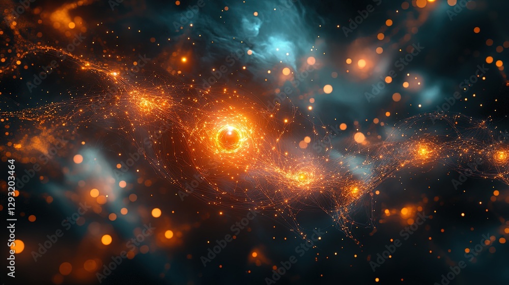 Obraz premium Abstract rendering of quantum computing pathways with glowing nodes and flowing lines 