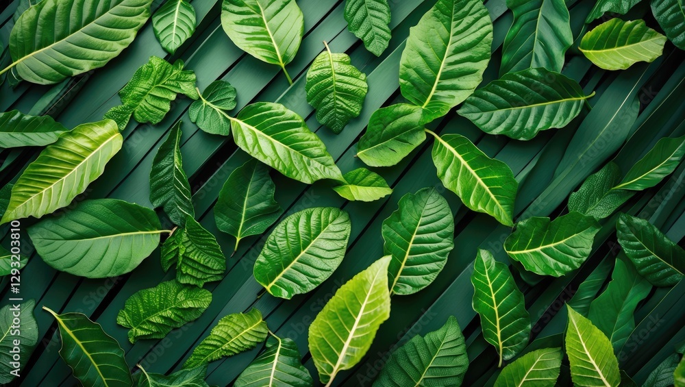 Fototapeta premium Lush Green Leaves Creating a Natural Pattern on Wooden Background for Textiles, Decor or Environmental Themes