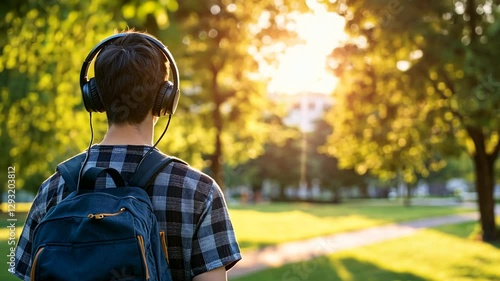 Young person wearing headphones walking through a sunlit park with trees and pathways in the background