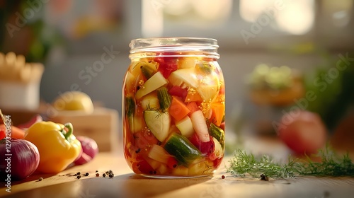 Colorful mix of pickled vegetables arranged on a wooden table, emphasizing traditional fermentation and homemade preservation techniques, detailed book illustration style