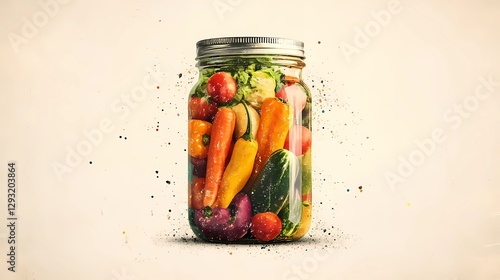 Colorful mix of pickled vegetables arranged on a wooden table, emphasizing traditional fermentation and homemade preservation techniques, detailed book illustration style
