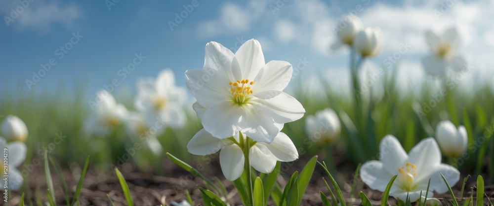 Fototapeta premium White Spring Flower Blooming in Green Grass Under Clear Blue Sky with Space for Text Background
