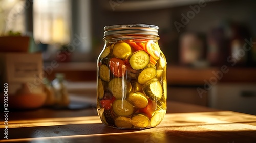 Assorted pickled vegetables in a rustic jar, showcasing vibrant colors and textures, preserved in brine for a healthy probiotic-rich snack, vintage illustration style