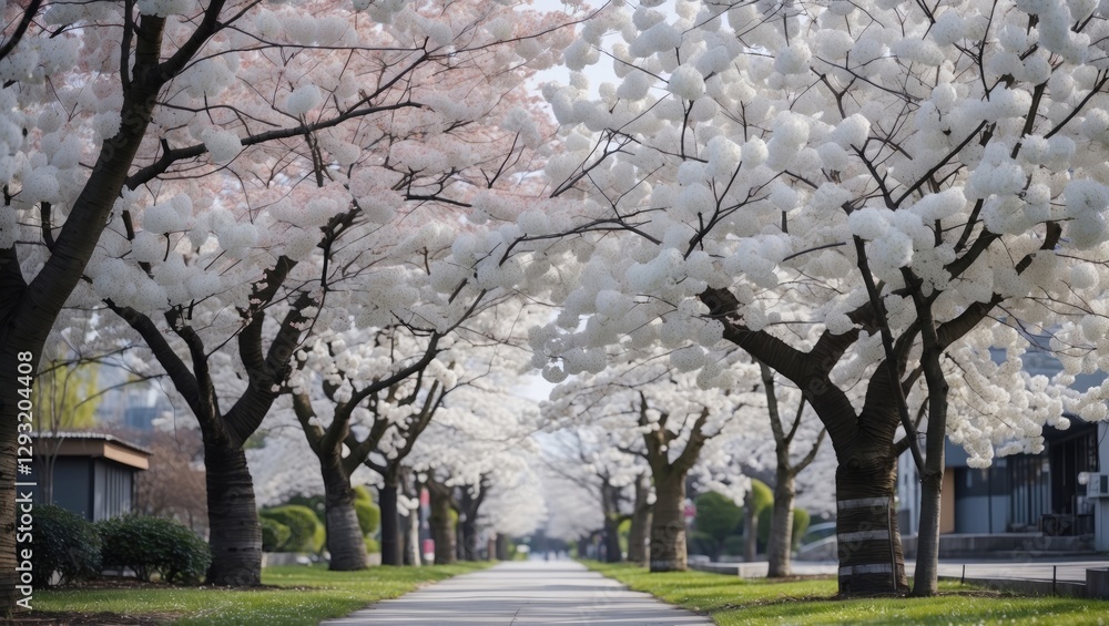 Obraz premium Serene pathway lined with blooming white cherry blossom trees in traditional Japanese style during springtime.