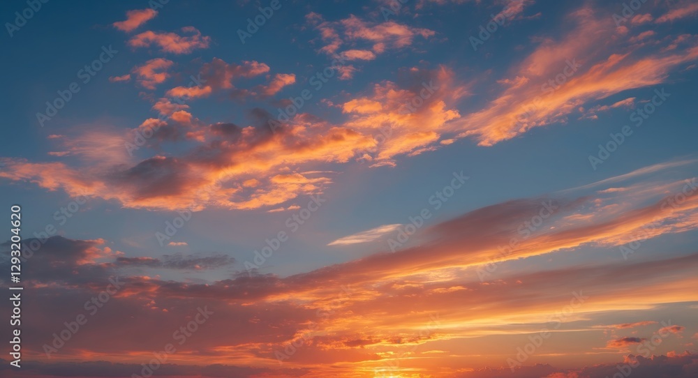 Vibrant Sunset Sky with Colorful Clouds and Warm Hues Over Horizon at Dusk Vibrant Sunset Sky with Colorful Clouds and Warm Hues Over Horizon at Dusk