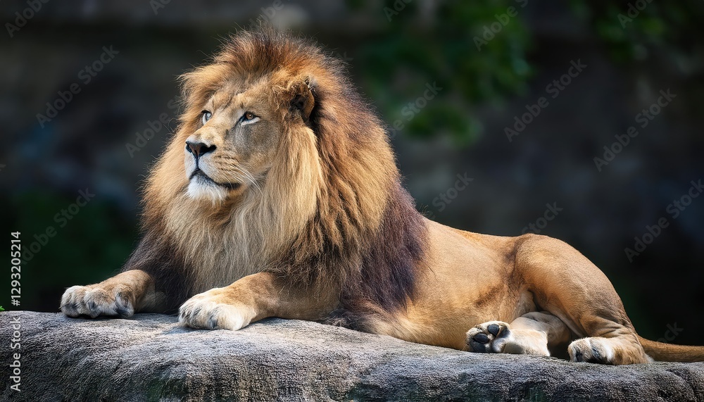 A Majestic Lion Lounges on Stone, Gaze Drifted Towards the Picturesque Savannah Sunset, Showcasing the African Plains in All Their Glory and Tranquility. A Majestic Lion Lounges on Stone, Gaze Drifted Towards the Picturesque Savannah Sunset, Showcasing the African Plains in All Their Glory and Tranquility.