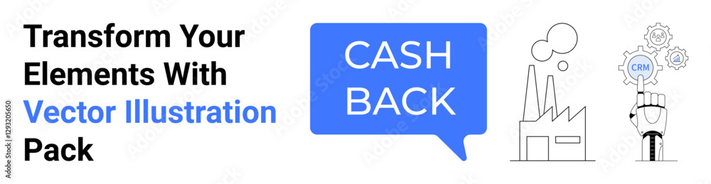 Cashback message in speech bubble, factory with smoke, robotic hand with gears. Ideal for marketing, e-commerce, technology, industry insights, business solutions, cashback campaigns flat landing Cashback message in speech bubble, factory with smoke, robotic hand with gears. Ideal for marketing, e-commerce, technology, industry insights, business solutions, cashback campaigns flat landing