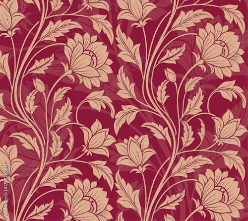 Beautiful seamless floral and leaves pattern on red background ,  floral pattern Design for wallpaper, vector illustration design.