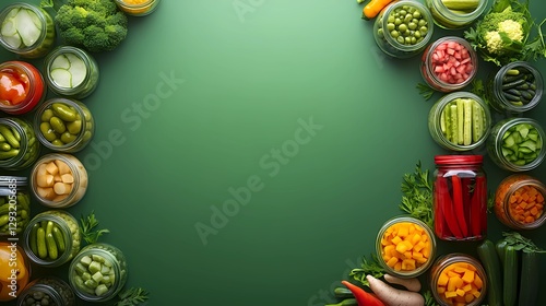 Assorted pickled vegetables in a rustic jar, showcasing vibrant colors and textures, preserved in brine for a healthy probiotic-rich snack, vintage illustration style