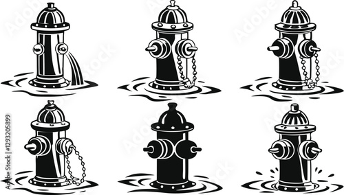 Fire hydrant silhouettes in vector design, showcasing various types for urban, emergency, and infrastructure-related themes