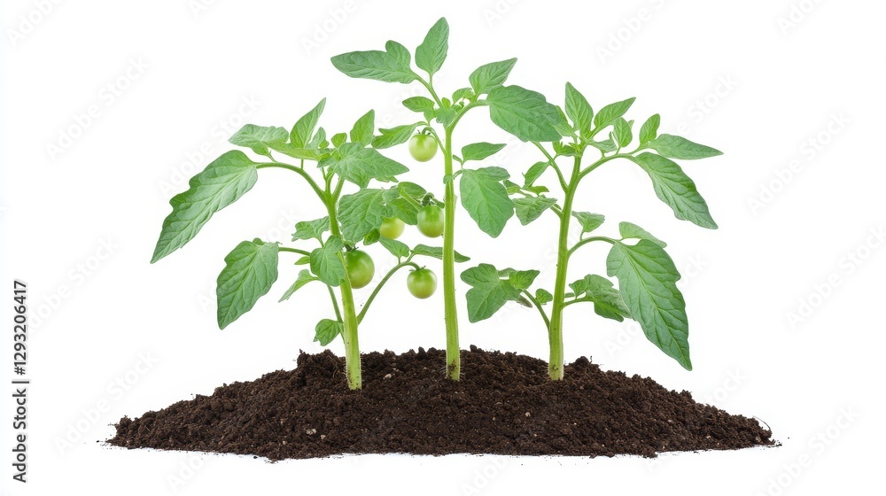 Fresh Green Tomato Plants Growing in Rich Dark Soil Outdoors