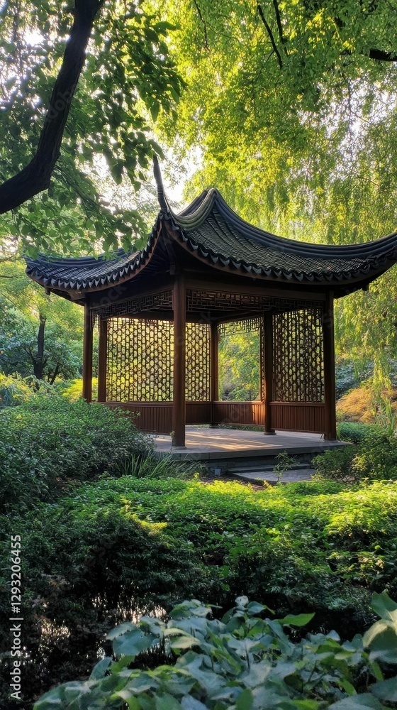 Wooden gazebo nestled in lush green garden. Wooden gazebo nestled in lush green garden.