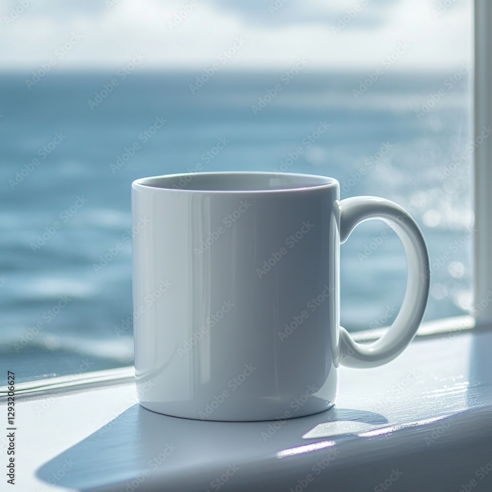 Obraz premium White mug on windowsill by ocean