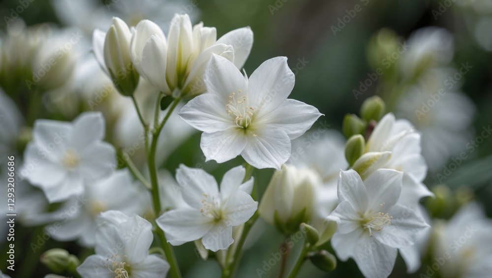 Delicate white flowers in full bloom showcasing natural beauty and serenity in a lush green background capturing the essence of springtime. Delicate white flowers in full bloom showcasing natural beauty and serenity in a lush green background capturing the essence of springtime.