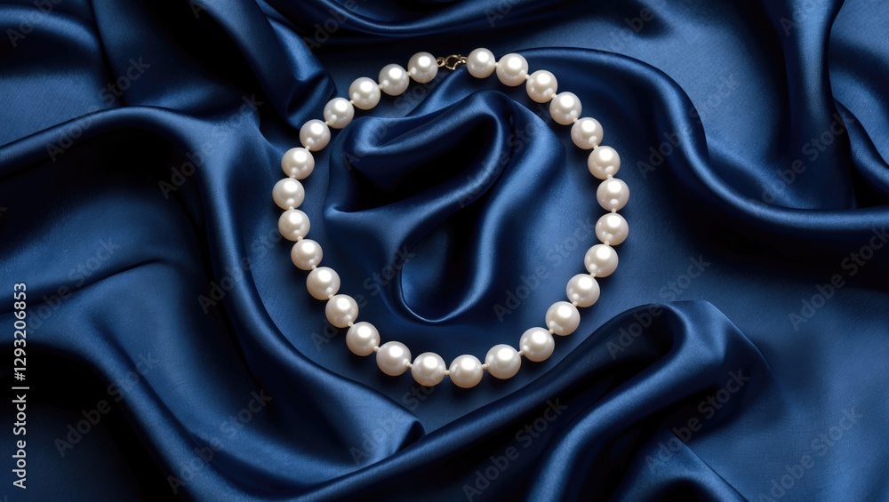Fototapeta premium Elegant pearl necklace elegantly arranged on luxurious dark blue satin fabric for a refined and sophisticated look.
