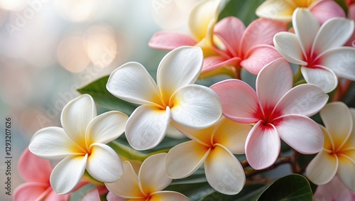 Colorful Plumeria Flowers in Bloom with Soft Focus Background and Space for Text Overlay