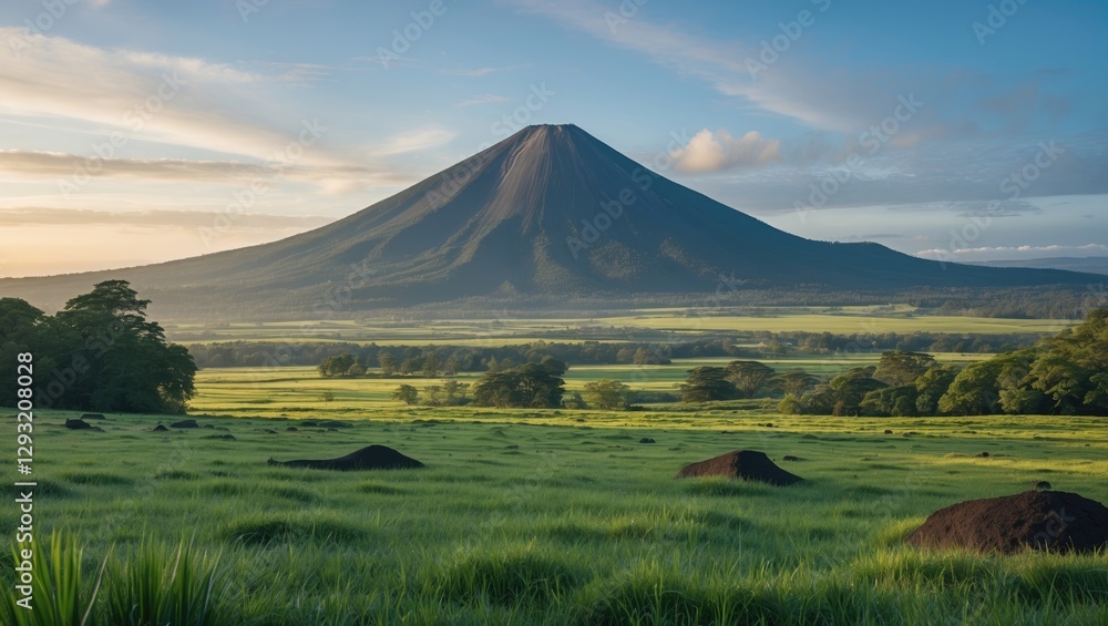 Tranquil Landscape Featuring Majestic Volcano Surrounded by Lush Green Pastures in National Park Setting Tranquil Landscape Featuring Majestic Volcano Surrounded by Lush Green Pastures in National Park Setting