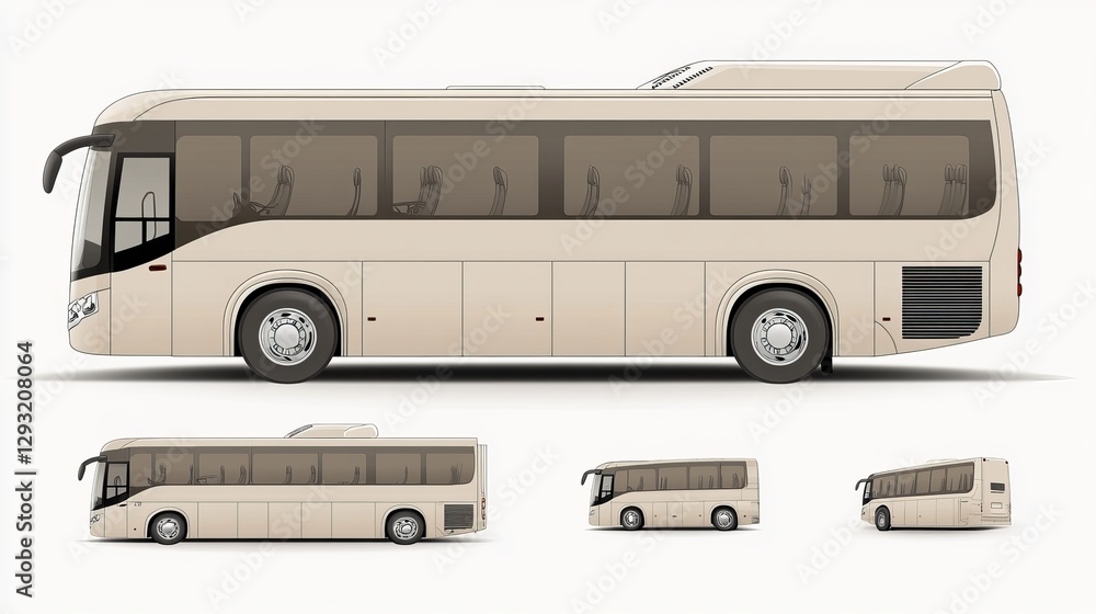 A bus vector mockup template featuring a coach bus isolated on a white background, showcasing side, front, back, and top views for vehicle branding A bus vector mockup template featuring a coach bus isolated on a white background, showcasing side, front, back, and top views for vehicle branding