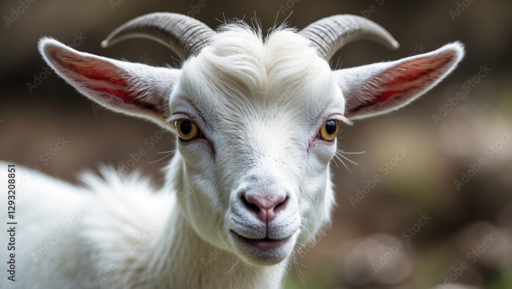 Close-Up Portrait of a White Goat with Soft Features and Empty Space for Text or Graphics in Natural Outdoor Setting Close-Up Portrait of a White Goat with Soft Features and Empty Space for Text or Graphics in Natural Outdoor Setting