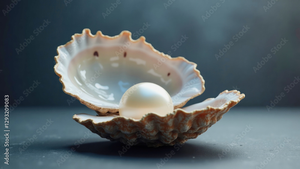 Pearl nestled in an open oyster shell on a textured surface Pearl nestled in an open oyster shell on a textured surface