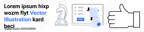 Chess knight representing strategy, payment options screen indicating digital transactions, thumbs-up for approval, and placeholder text. Ideal for finance, strategies, feedback, online services