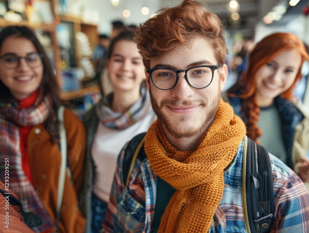 Young male with curly red hair, glasses, and mustard-colored scarf smiling confidently while standing with friends in casual winter clothing, group cheerful young adults enjoying social outing. Young male with curly red hair, glasses, and mustard-colored scarf smiling confidently while standing with friends in casual winter clothing, group cheerful young adults enjoying social outing.
