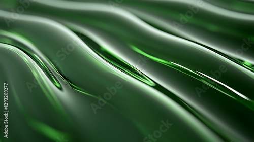 Smooth Green Abstract Waves with Glossy Surface Reflecting Light and Creating a Calm Aesthetic