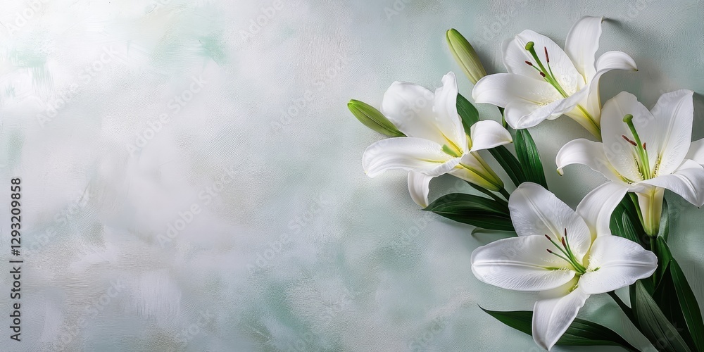 Fototapeta premium White Lilies on Light Green Background