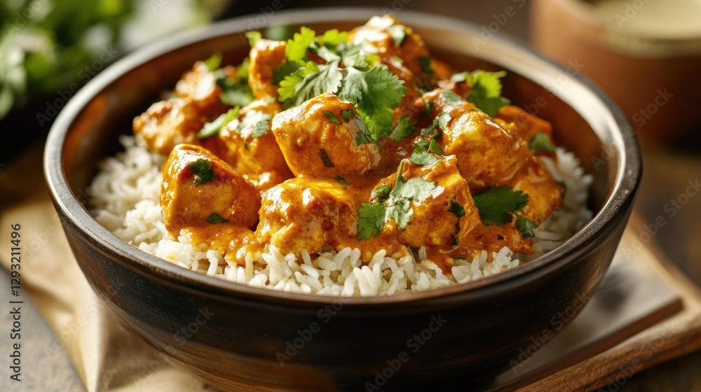 Close-up of a bowl of Chicken Tikka Masala served over fluffy white rice, garnished with fresh cilantro. A delicious Indian dish. Close-up of a bowl of Chicken Tikka Masala served over fluffy white rice, garnished with fresh cilantro. A delicious Indian dish.