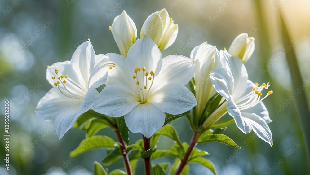 Delicate white flowers with soft petals and bright yellow stamens illuminated by natural light in a serene garden setting. Delicate white flowers with soft petals and bright yellow stamens illuminated by natural light in a serene garden setting.