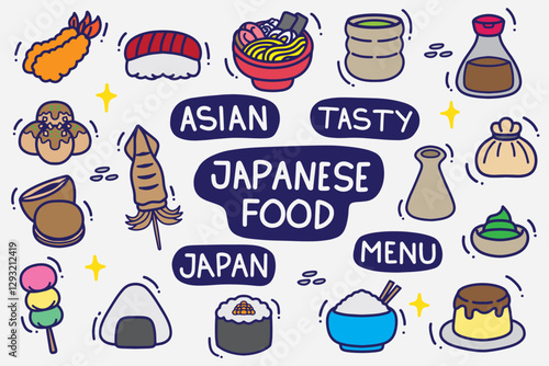 set of japanese food doodle with color good for background, wallpaper, element design, icon, printable, etc