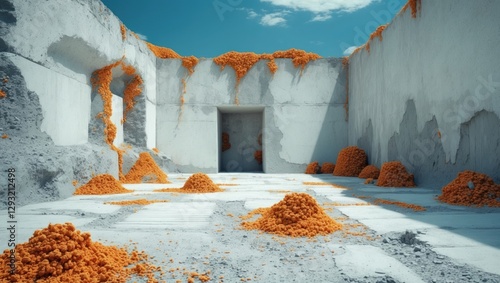 Textured white cement wall with vibrant orange details in an abstract interior space showcasing modern decay and artistic design elements.